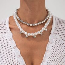 Stylish 2pcs Gold Silver Plated Pearl Chain Necklace Set - ArtGalleryZen