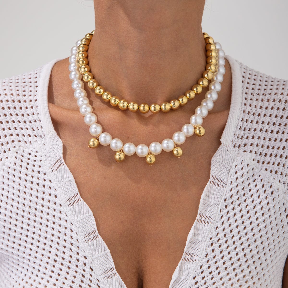 Stylish 2pcs Gold Silver Plated Pearl Chain Necklace Set - ArtGalleryZen
