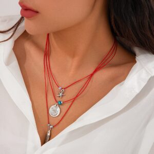 Stylish 3Pcs Shell Fish Starfish Pendant Jade Cord Necklace Set - ArtGalleryZen