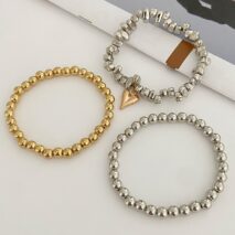 Stylish 3pcs Two Tone Heart Charm Ball Chain Bracelet Set - ArtGalleryZen