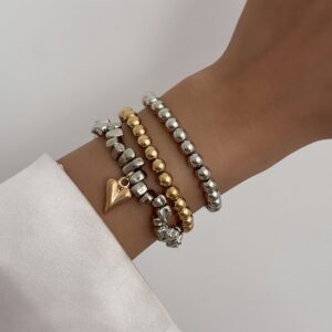 Stylish 3pcs Two Tone Heart Charm Ball Chain Bracelet Set - ArtGalleryZen