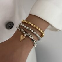 Stylish 3pcs Two Tone Heart Charm Ball Chain Bracelet Set - ArtGalleryZen