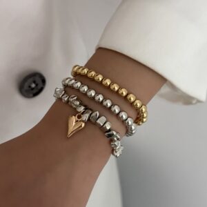 Stylish 3pcs Two Tone Heart Charm Ball Chain Bracelet Set - ArtGalleryZen