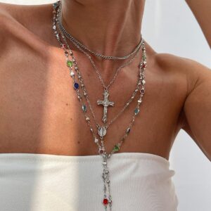 Stylish 4pcs Cross Pendant Colorful Crystal Chain Y Necklace Set - ArtGalleryZen