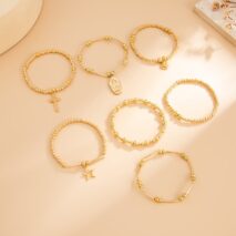 Stylish 7pcs Heart Star Cross Charm Ball Chain Bracelet Set - ArtGalleryZen