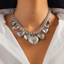 Stylish Chunky Textured Heart Tassel Ball Curb Chain Necklace - ArtGalleryZen