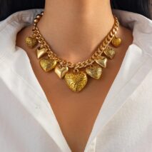 Stylish Chunky Textured Heart Tassel Ball Curb Chain Necklace - ArtGalleryZen