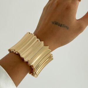 Stylish Gold Silver Tone Wave Wide Cuff Bangle Bracelet - ArtGalleryZen
