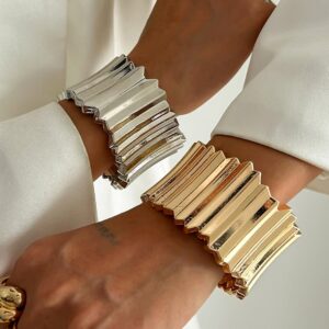 Stylish Gold Silver Tone Wave Wide Cuff Bangle Bracelet - ArtGalleryZen