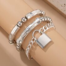 Stylish Layered Chunky Lock Charm Curb Ball Chain Bracelet Set - ArtGalleryZen