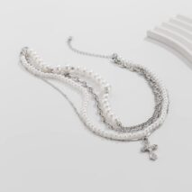Stylish Layered Cross Pendant Pearl Chain Necklace - ArtGalleryZen
