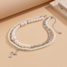 Stylish Layered Cross Pendant Pearl Chain Necklace - ArtGalleryZen