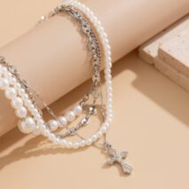 Stylish Layered Cross Pendant Pearl Chain Necklace - ArtGalleryZen