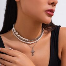 Stylish Layered Cross Pendant Pearl Chain Necklace - ArtGalleryZen