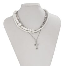 Stylish Layered Cross Pendant Pearl Chain Necklace - ArtGalleryZen