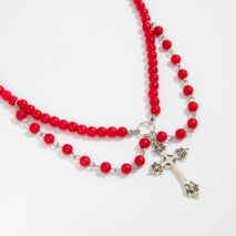 Stylish Layered Floral Cross Pendant Red Pearl Chain Necklace - ArtGalleryZen