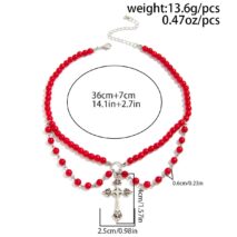 Stylish Layered Floral Cross Pendant Red Pearl Chain Necklace - ArtGalleryZen