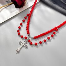 Stylish Layered Floral Cross Pendant Red Pearl Chain Necklace - ArtGalleryZen