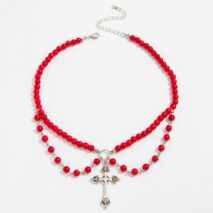 Stylish Layered Floral Cross Pendant Red Pearl Chain Necklace - ArtGalleryZen