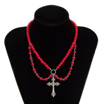 Stylish Layered Floral Cross Pendant Red Pearl Chain Necklace - ArtGalleryZen
