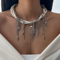 Stylish Layered Moon Star Chain Tassel Pearl Necklace - ArtGalleryZen
