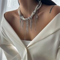 Stylish Layered Moon Star Chain Tassel Pearl Necklace - ArtGalleryZen