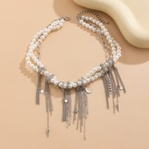 Stylish Layered Moon Star Chain Tassel Pearl Necklace - ArtGalleryZen