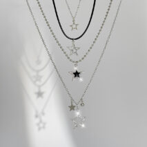Stylish Layered Rhinestone Inlaid Star Pendant Wax Cord Necklace Set - ArtGalleryZen