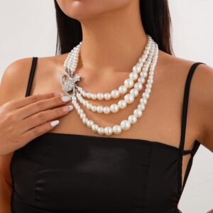 Stylish Layering Rhinestone Inlaid Saturn Charm Pearl Chain Necklace - ArtGalleryZen