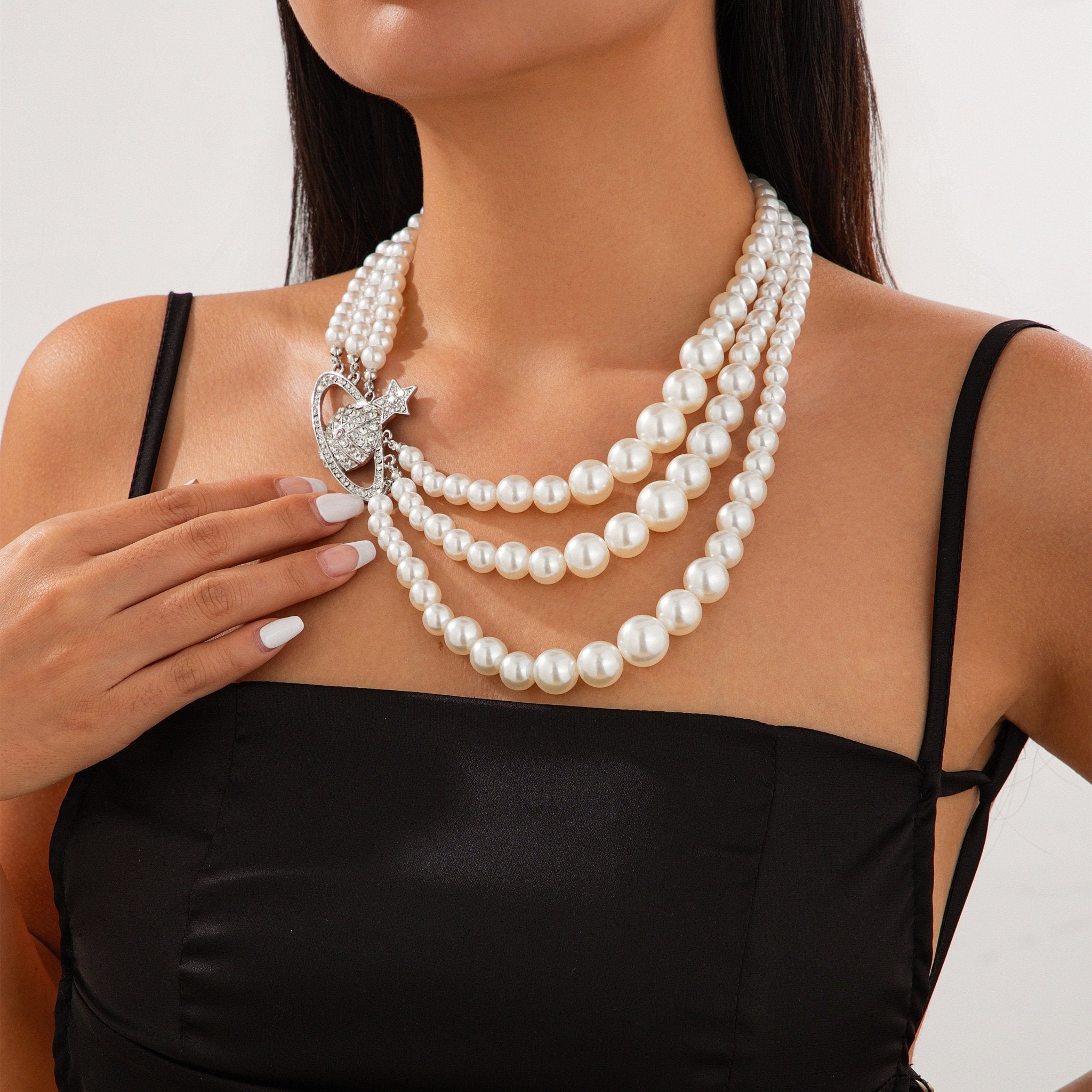 Stylish Layering Rhinestone Inlaid Saturn Charm Pearl Chain Necklace - ArtGalleryZen