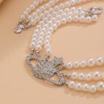 Stylish Layering Rhinestone Inlaid Saturn Charm Pearl Chain Necklace - ArtGalleryZen