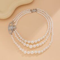 Stylish Layering Rhinestone Inlaid Saturn Charm Pearl Chain Necklace - ArtGalleryZen