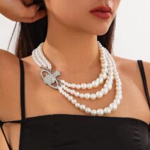 Stylish Layering Rhinestone Inlaid Saturn Charm Pearl Chain Necklace - ArtGalleryZen