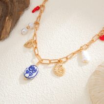 Stylish Pearl Heart Ceramics Pendant Cable Chain Necklace - ArtGalleryZen