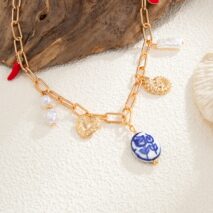 Stylish Pearl Heart Ceramics Pendant Cable Chain Necklace - ArtGalleryZen