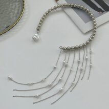 Stylish Pearl Tassel Ball Chain Open Collar Choker Necklace - ArtGalleryZen