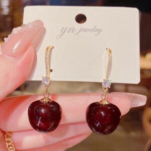 Stylish Red Cherry Dangle CZ Inliad Earrings - ArtGalleryZen