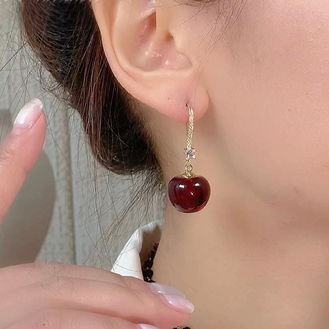 Stylish Red Cherry Dangle CZ Inliad Earrings - ArtGalleryZen