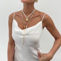 Summer Beach Style Layered Conch Cross Pendant Pearl Chain Y Necklace Set - ArtGalleryZen