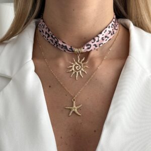 Sun Starfish Pendant Leopard Print Satin Necklace Set 2 Pcs Boho - ArtGalleryZen