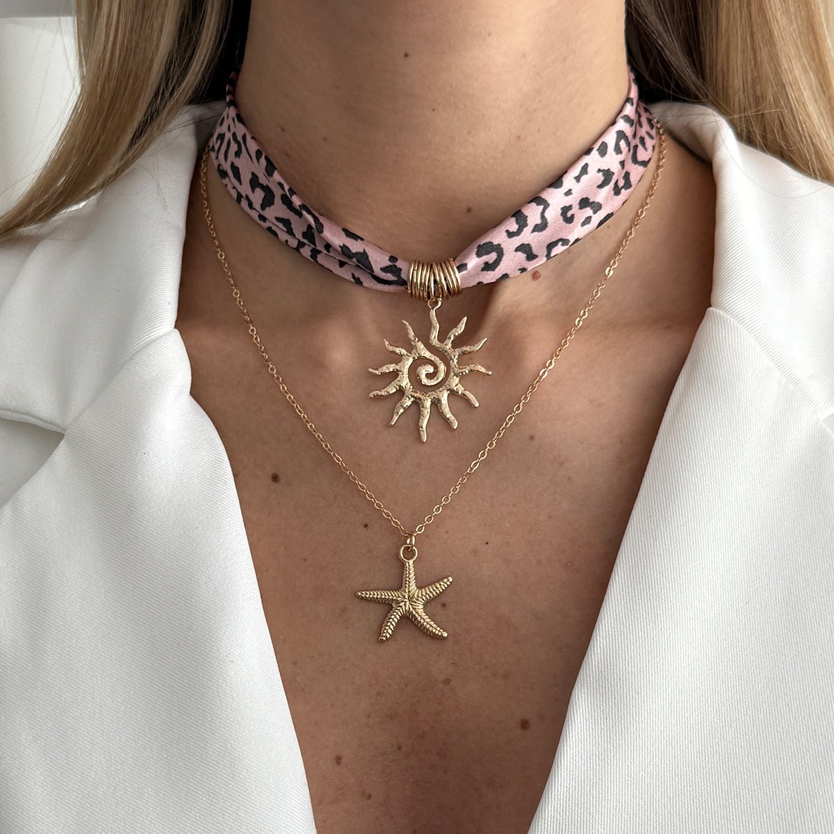 Sun Starfish Pendant Leopard Print Satin Necklace Set 2 Pcs Boho - ArtGalleryZen