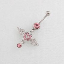 Surgical Stainless Steel Pink Rhinestone Inlaid Heart Wing Dangle Navel Ring - ArtGalleryZen