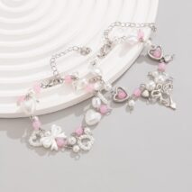 Sweet 2pcs Bowknot Heart Charm Pearl Crystal Chain Bracelet Set - ArtGalleryZen
