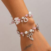 Sweet 2pcs Bowknot Heart Charm Pearl Crystal Chain Bracelet Set - ArtGalleryZen