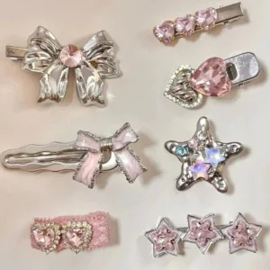 Sweet Crystal Inlaid Enamel Star Heart Bowknot Hair Clips Set - ArtGalleryZen