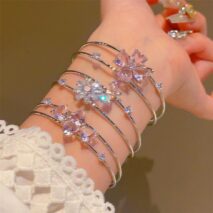 Sweet CZ Inlaid Butterfly Lucky Clover Sunflower Open Bangle Bracelet - ArtGalleryZen