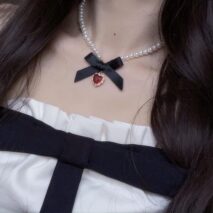 Sweet CZ Inlaid Heart Ribbon Bowknot Pendant Pearl Chain Necklace - ArtGalleryZen