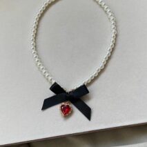 Sweet CZ Inlaid Heart Ribbon Bowknot Pendant Pearl Chain Necklace - ArtGalleryZen
