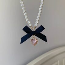 Sweet CZ Inlaid Heart Ribbon Bowknot Pendant Pearl Chain Necklace - ArtGalleryZen