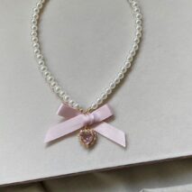 Sweet CZ Inlaid Heart Ribbon Bowknot Pendant Pearl Chain Necklace - ArtGalleryZen